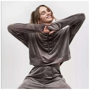 Aerie Offline Women's Dark Grey Hooded Velour Cropped Sweatshirt